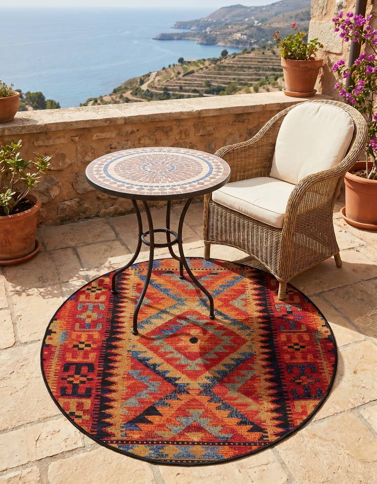 Detail image of 3' x 3' Easy-Clean Tribal Indoor / Outdoor Round Rug