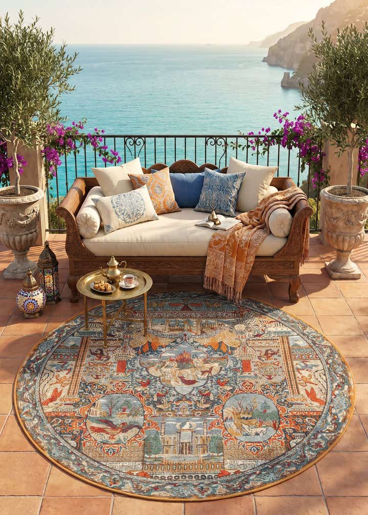 5' 3 x 5' 3 Easy-Clean Traditional Indoor / Outdoor Round Rug