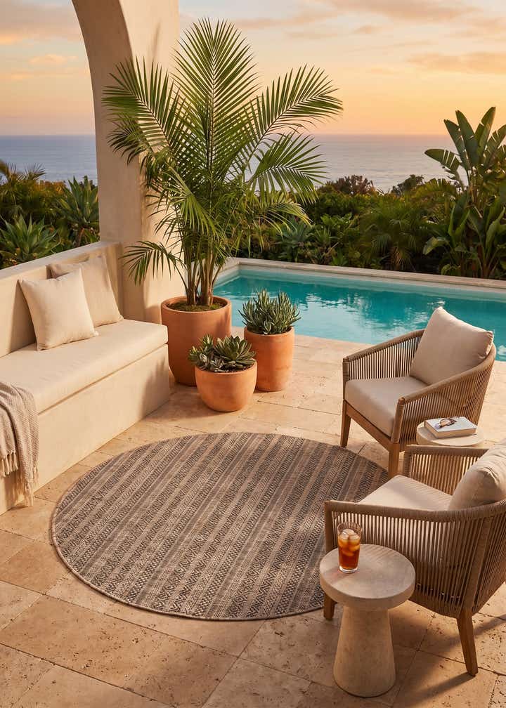 5' 3 x 5' 3 Easy-Clean Striped Indoor / Outdoor Round Rug