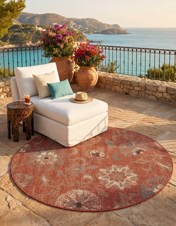 Detail image of 5' x 5' Easy-Clean Botanical Indoor / Outdoor Round Rug