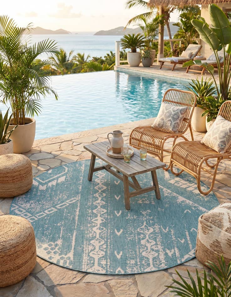 Detail image of 7' 10 x 7' 10 Easy-Clean Bohemian Indoor / Outdoor Round Rug