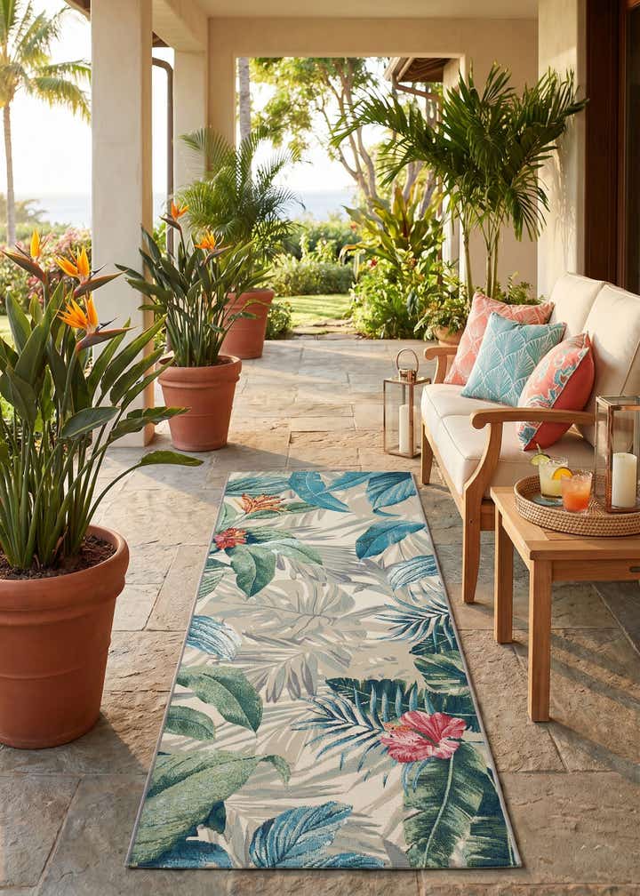 2' 7 x 7' Easy-Clean Botanical Indoor / Outdoor Runner Rug