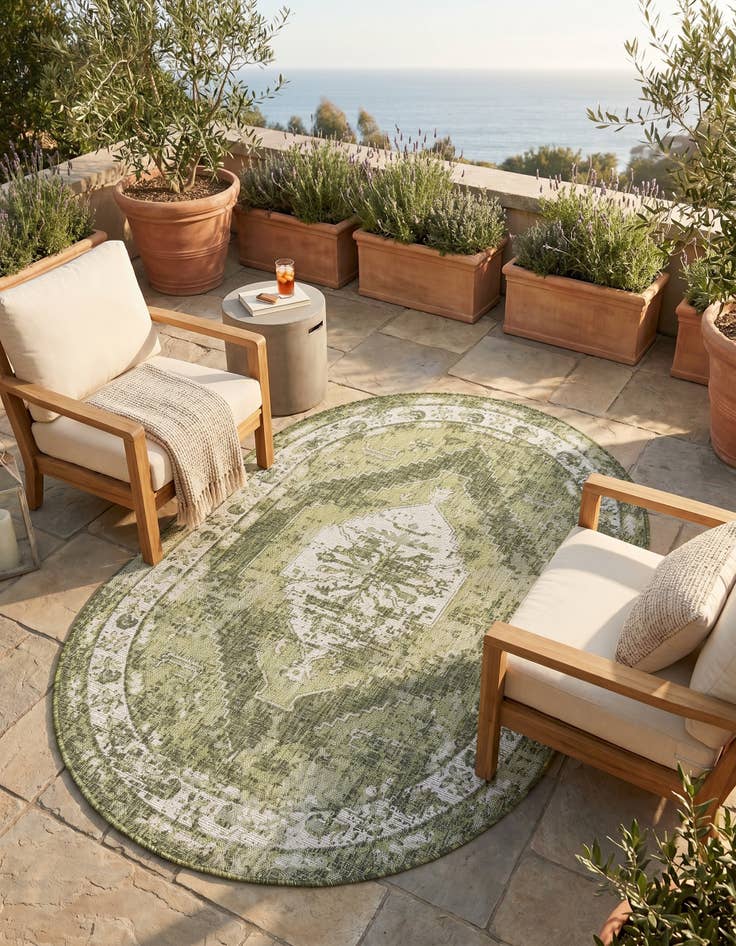 Detail image of 5' 3 x 8' Easy-Clean Traditional Indoor / Outdoor Oval Rug