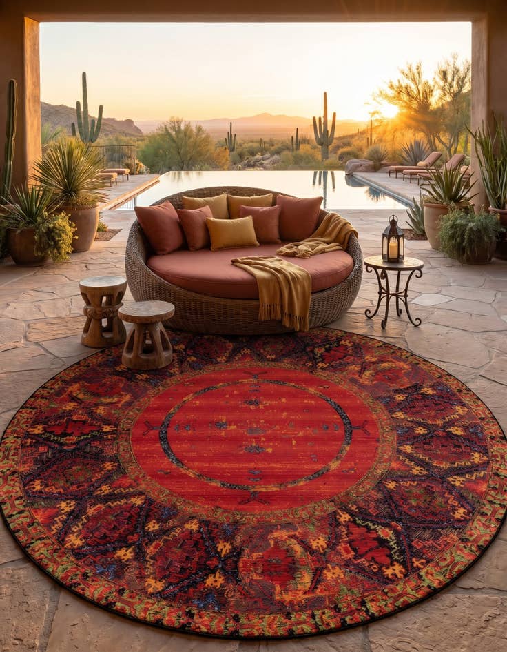 Detail image of 10' x 10' Easy-Clean Tribal Indoor / Outdoor Round Rug