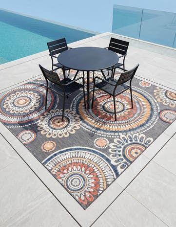 Black Easy-Clean Botanical Indoor / Outdoor Square Rug