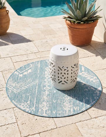 Light Aqua Easy-Clean Bohemian Indoor / Outdoor Round Rug