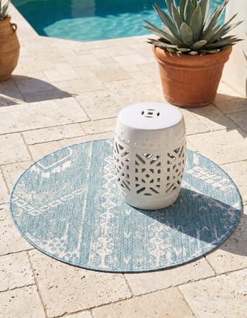 Light Aqua Easy-Clean Bohemian Indoor / Outdoor Round Rug