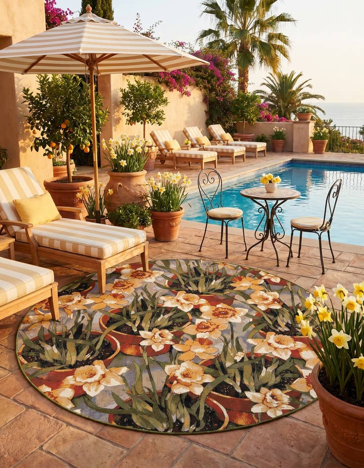 Detail image of 7' 10 x 7' 10 Easy-Clean Botanical Indoor / Outdoor Round Rug