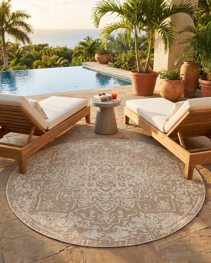 Detail image of 7' 10 x 7' 10 Easy-Clean Traditional Indoor / Outdoor Round Rug