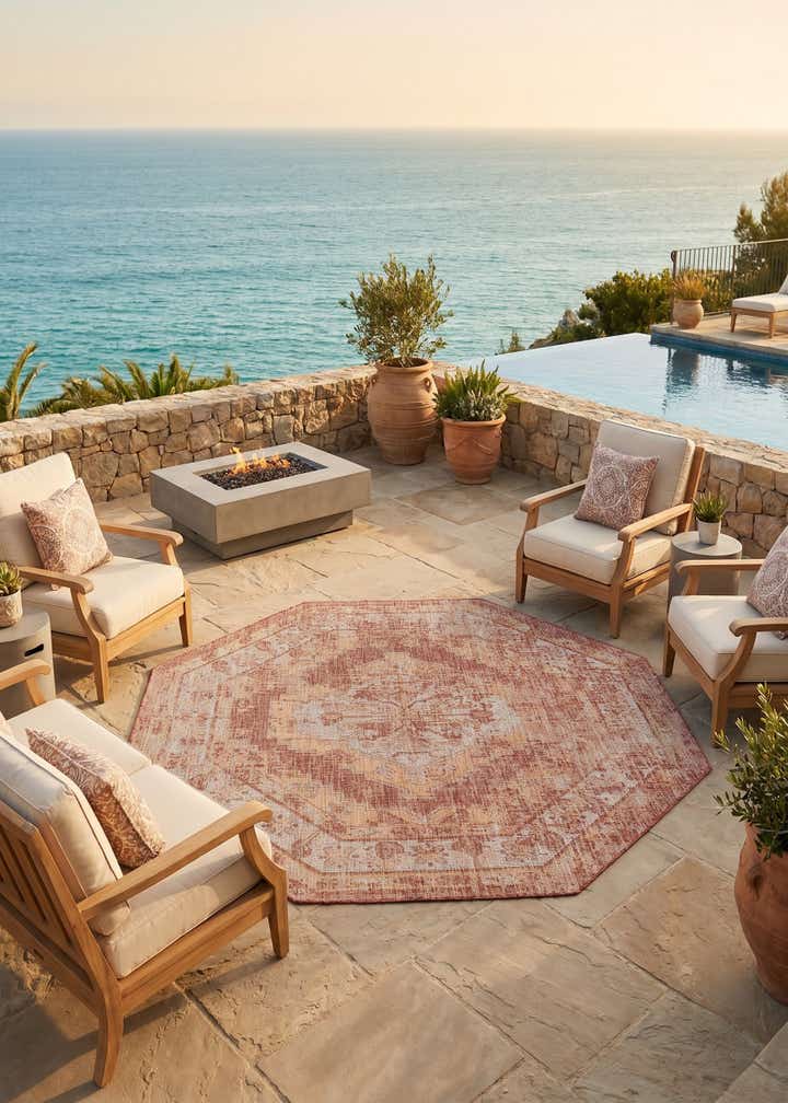 7' 10 x 7' 10 Easy-Clean Traditional Indoor / Outdoor Octagon Rug
