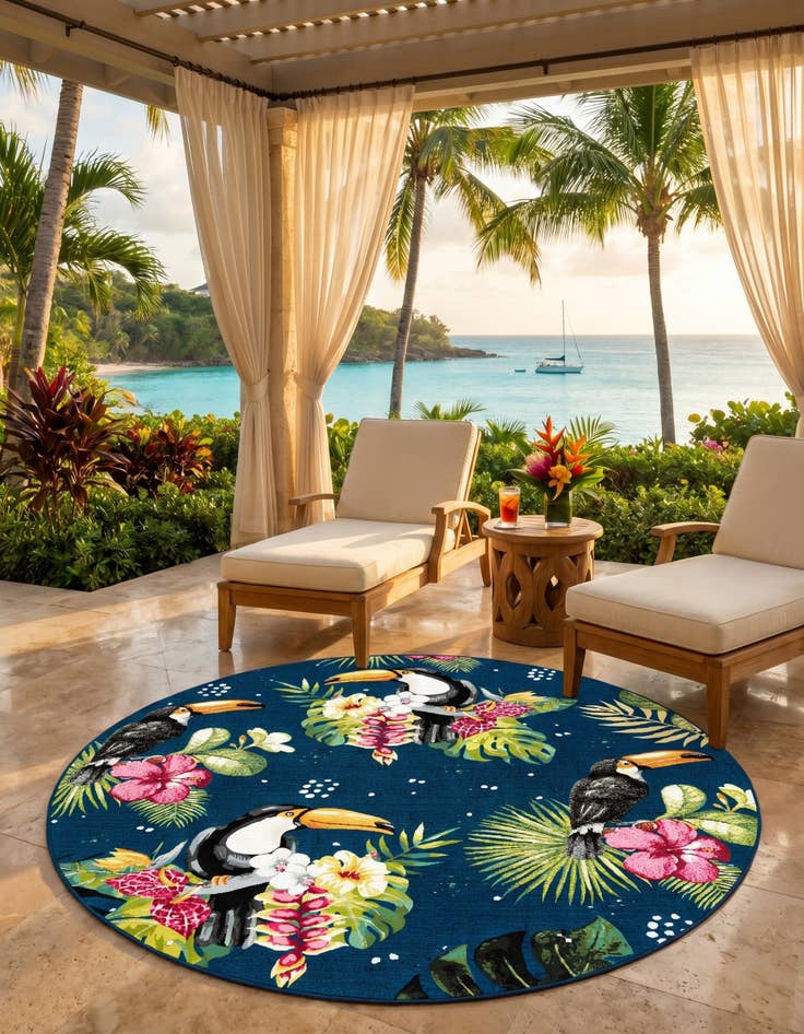 Detail image of 7' 10 x 7' 10 Easy-Clean Botanical Indoor / Outdoor Round Rug