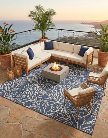 Blue Easy-Clean Coastal Indoor / Outdoor Square Rug
