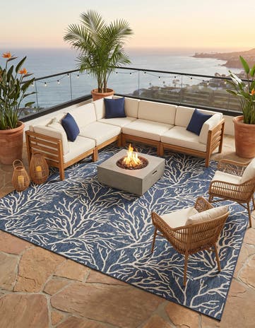 Blue Easy-Clean Coastal Indoor / Outdoor Square Rug