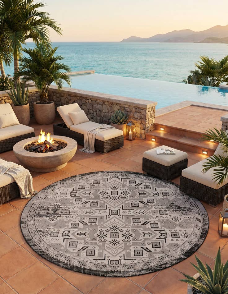 Detail image of 10' x 10' Easy-Clean Aztec Indoor / Outdoor Round Rug