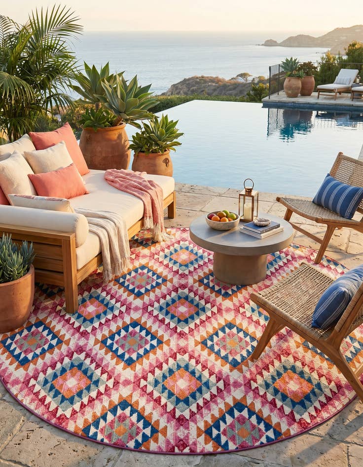 Detail image of 7' 10 x 7' 10 Easy-Clean Southwestern Indoor / Outdoor Round Rug