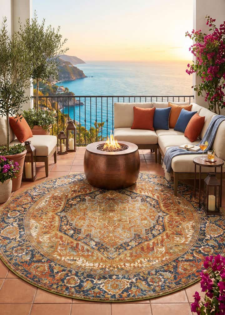 7' 10 x 7' 10 Easy-Clean Traditional Indoor / Outdoor Round Rug