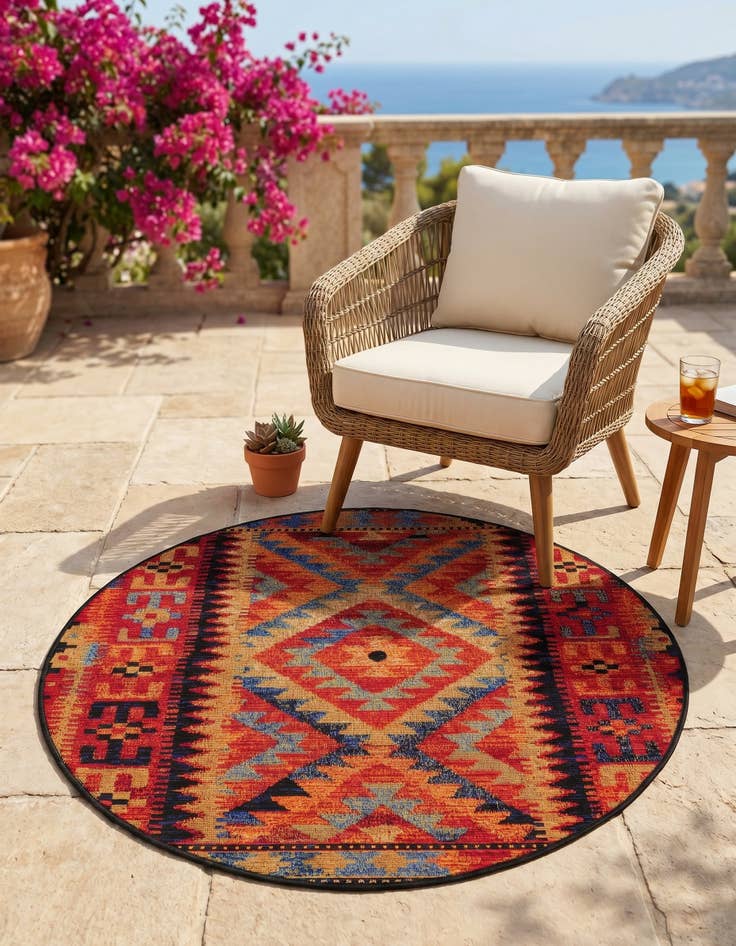 Detail image of 3' x 3' Easy-Clean Tribal Indoor / Outdoor Round Rug