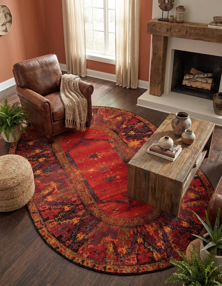 Detail image of 5' 3 x 8' Easy-Clean Tribal Indoor / Outdoor Oval Rug