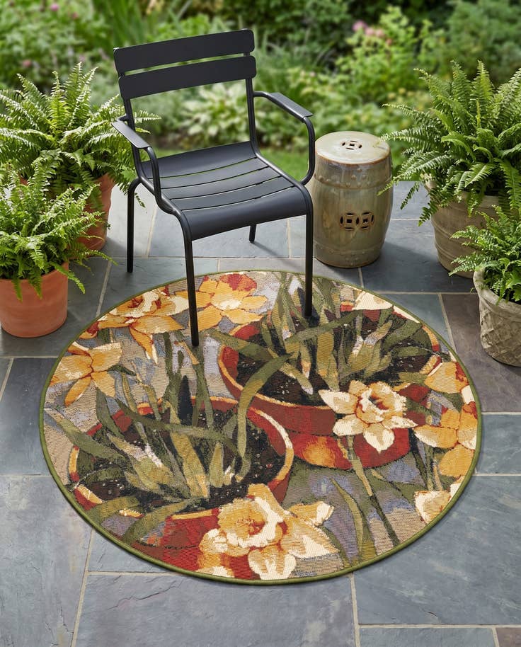 Detail image of 3' x 3' Easy-Clean Botanical Indoor / Outdoor Round Rug