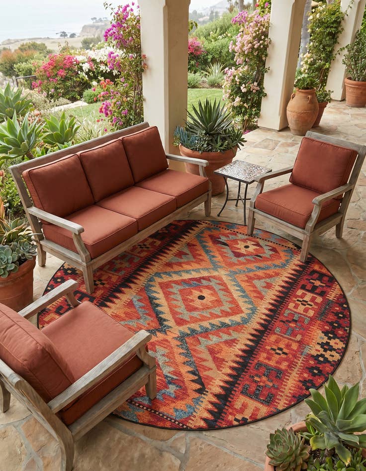 Detail image of 6' x 6' Easy-Clean Tribal Indoor / Outdoor Round Rug