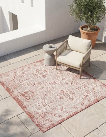 Rust Red Easy-Clean Aztec Indoor / Outdoor Square Rug