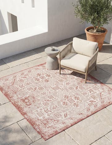 Rust Red Easy-Clean Aztec Indoor / Outdoor Square Rug