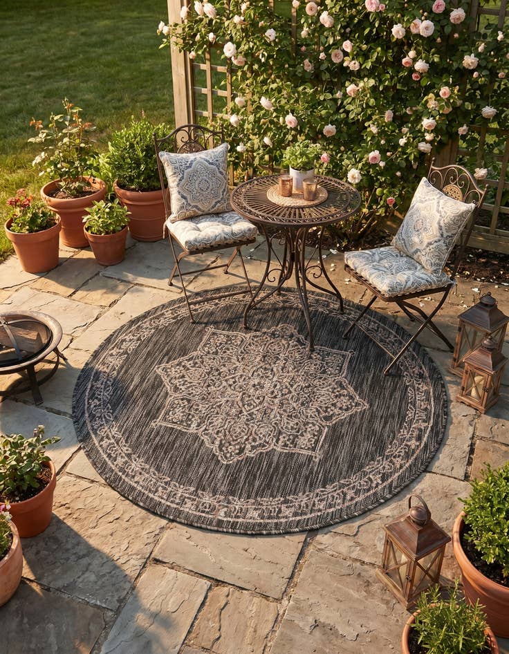 Detail image of 4' x 4' Easy-Clean Traditional Indoor / Outdoor Round Rug