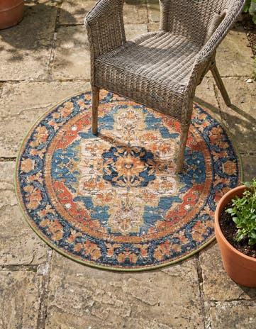 Navy Blue and Rust Red Easy-Clean Traditional Indoor / Outdoor Round Rug