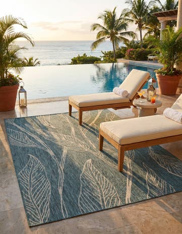 Teal Easy-Clean Botanical Indoor / Outdoor Rug