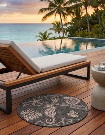 Black Easy-Clean Coastal Indoor / Outdoor Round Rug