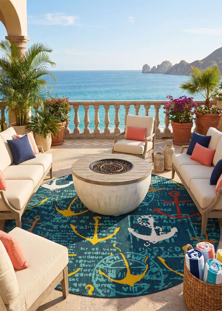 7' 10 x 7' 10 Easy-Clean Coastal Indoor / Outdoor Round Rug