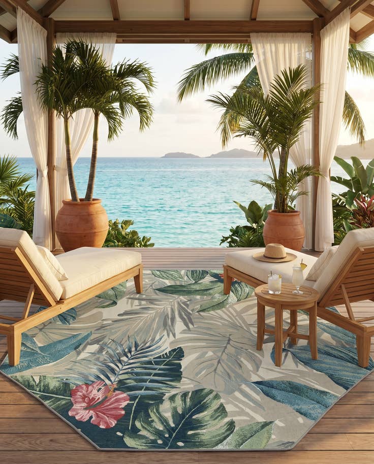 Detail image of 7' x 7' Easy-Clean Botanical Indoor / Outdoor Octagon Rug