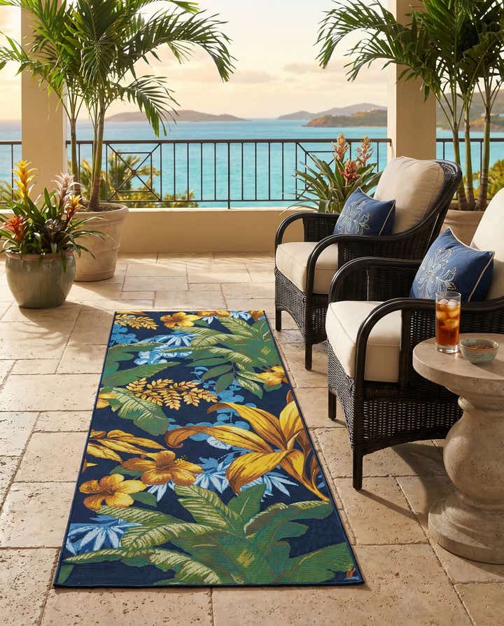 2' 7 x 7' Easy-Clean Botanical Indoor / Outdoor Runner Rug