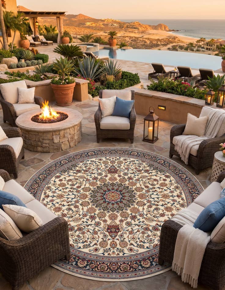 Detail image of 10' x 10' Easy-Clean Traditional Indoor / Outdoor Round Rug
