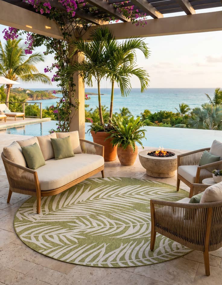 Detail image of 7' 10 x 7' 10 Easy-Clean Botanical Indoor / Outdoor Round Rug