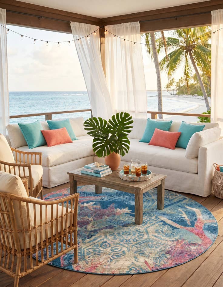 Detail image of 6' x 6' Easy-Clean Coastal Indoor / Outdoor Round Rug