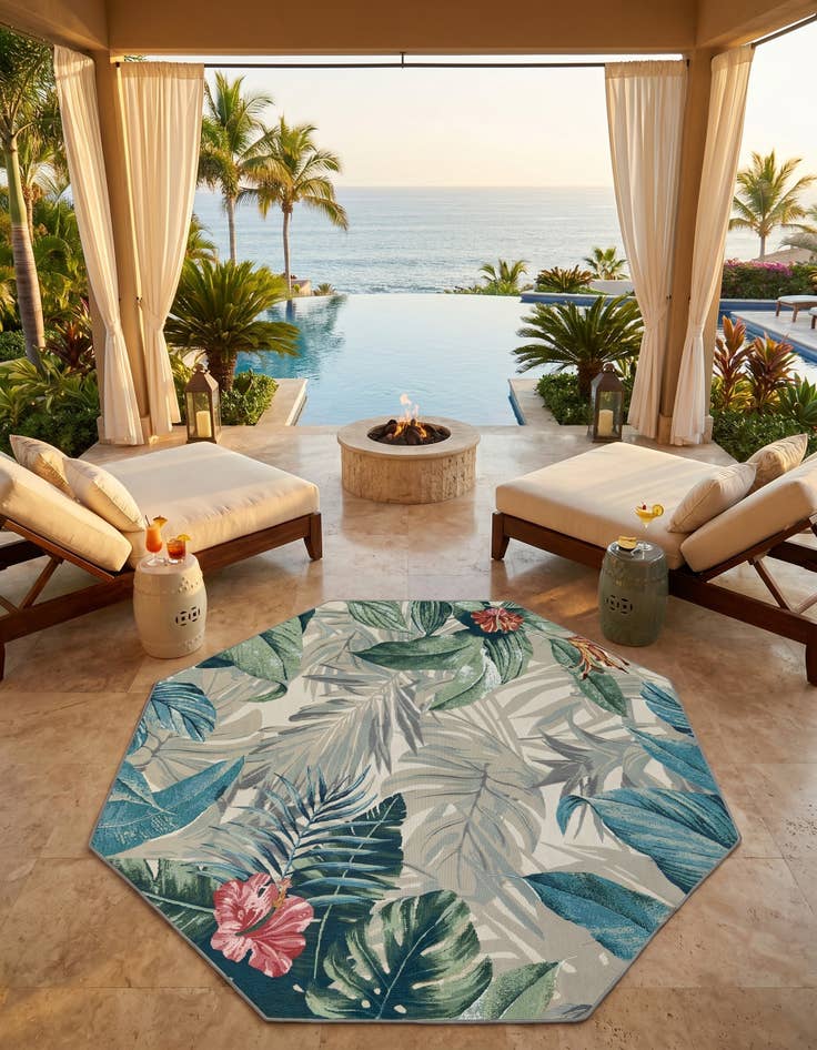 Detail image of 7' x 7' Easy-Clean Botanical Indoor / Outdoor Octagon Rug