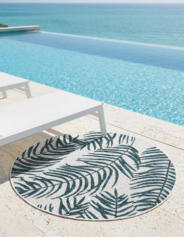 Teal Ivory Easy-Clean Botanical Indoor / Outdoor Round Rug