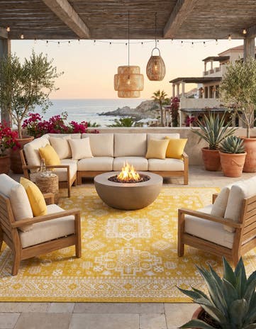 Yellow Easy-Clean Aztec Indoor / Outdoor Square Rug