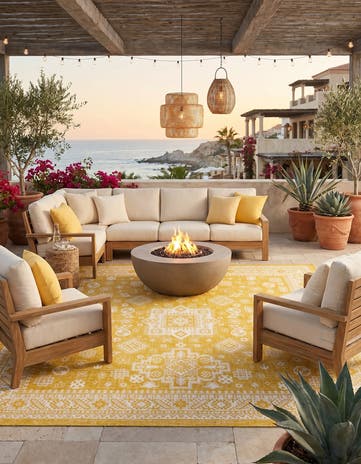 Yellow Easy-Clean Aztec Indoor / Outdoor Square Rug