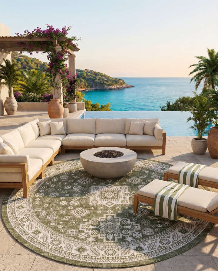 10' x 10' Easy-Clean Aztec Indoor / Outdoor Round Rug