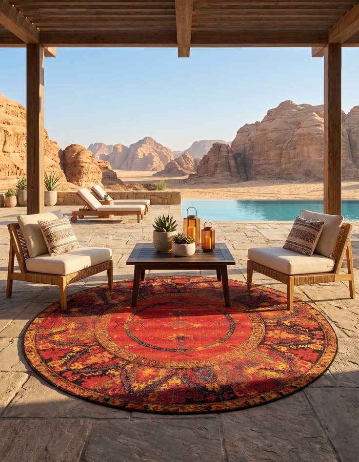 Detail image of 7' 10 x 7' 10 Easy-Clean Tribal Indoor / Outdoor Round Rug