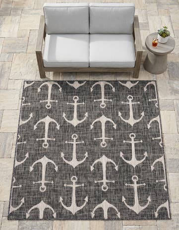 Charcoal Easy-Clean Coastal Indoor / Outdoor Square Rug