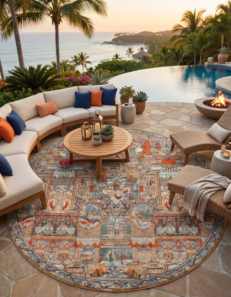 Detail image of 10' x 10' Easy-Clean Traditional Indoor / Outdoor Round Rug
