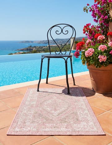 Pink Easy-Clean Traditional Indoor / Outdoor Rug