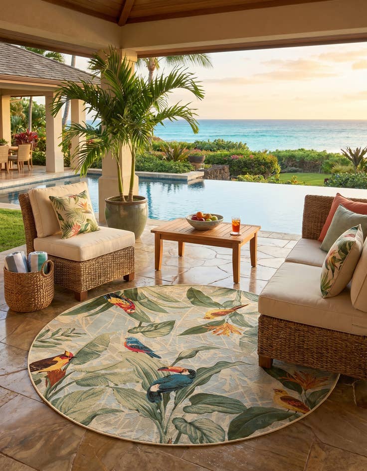 Detail image of 7' x 7' Easy-Clean Botanical Indoor / Outdoor Round Rug