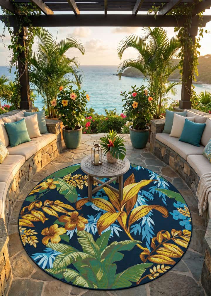7' x 7' Easy-Clean Botanical Indoor / Outdoor Round Rug