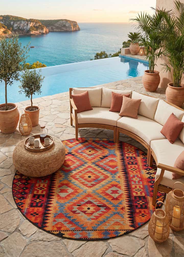7' 10 x 7' 10 Easy-Clean Tribal Indoor / Outdoor Round Rug