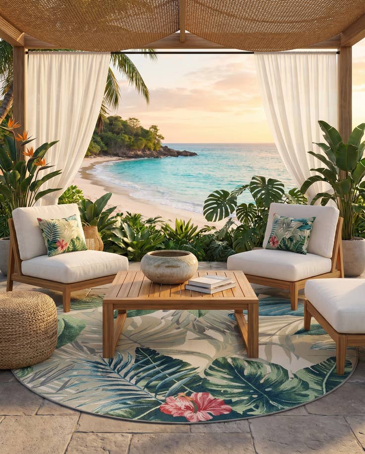 Detail image of 6' x 6' Easy-Clean Botanical Indoor / Outdoor Round Rug