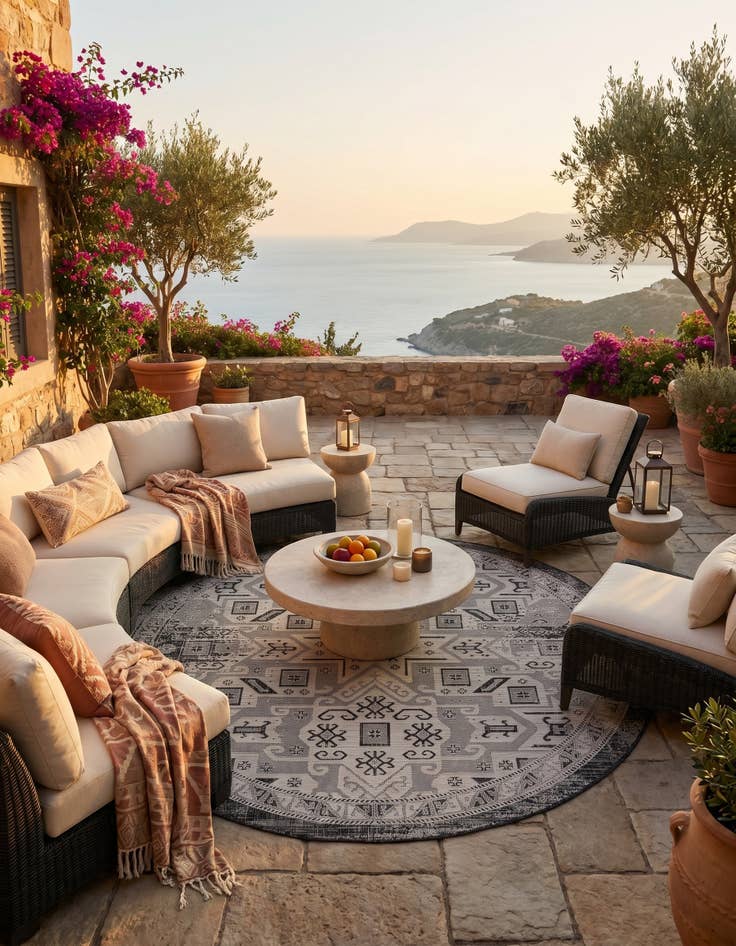 Detail image of 7' 10 x 7' 10 Easy-Clean Aztec Indoor / Outdoor Round Rug